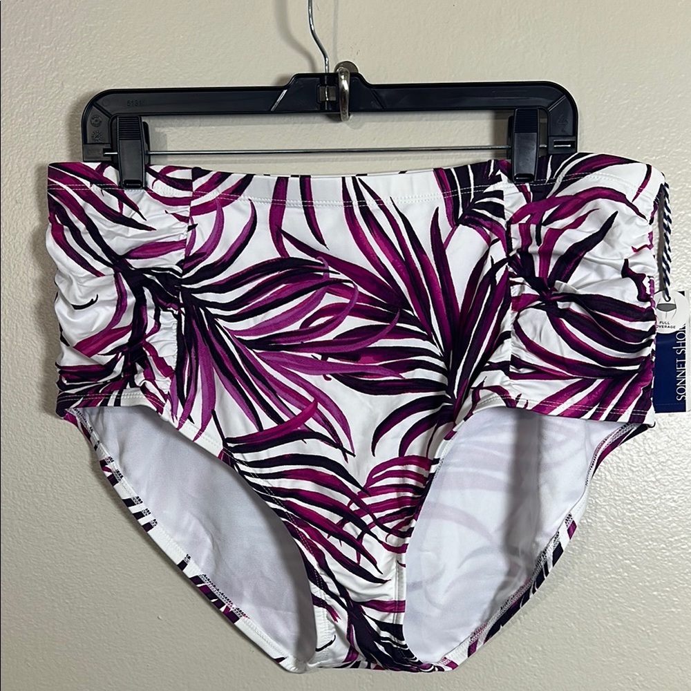 NEW Sonnet Shores Leaf Print Bikini Bottom in Purple and White